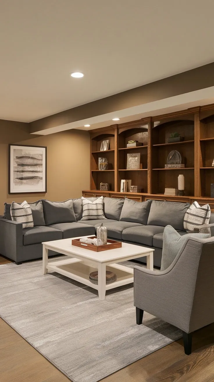 Transform your basement into a stylish living space with this design inspiration. The neutral color palette, featuring gray furniture and beige walls, creates a calm and sophisticated ambiance. The addition of a wooden bookshelf and a plush gray sectional sofa provides both functionality and comfort, making this basement a perfect retreat.