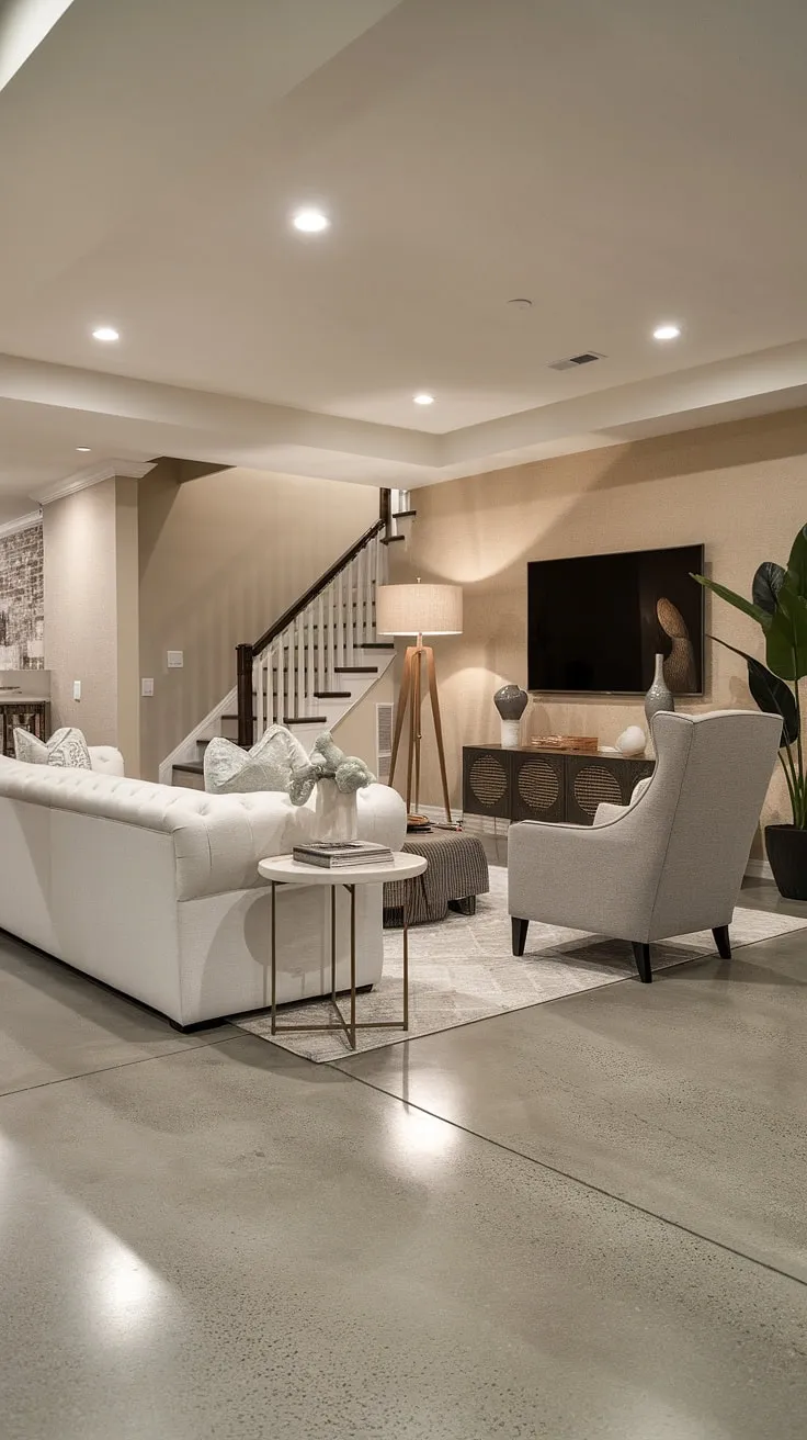 This remodeled basement is a stunning example of modern transitional design. The plush white sofa and gray armchair invite relaxation, while the polished concrete floors and beige walls create a sophisticated, yet comfortable atmosphere. A perfect blend of style and functionality, this space seamlessly integrates entertainment with everyday living. The addition of the standing lamp and potted plant adds warmth and personality.