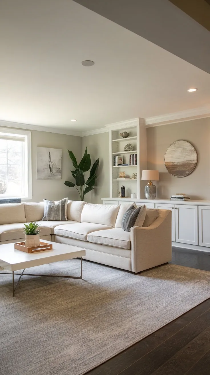 This basement transformation is a testament to the power of renovation. A neutral color scheme, including the light gray walls and beige sectional, creates a calming and inviting space. The addition of the built-in shelving maximizes storage and adds architectural interest, while the large area rug anchors the seating area, making this basement a true extension of the home.