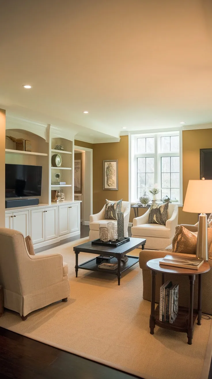 This once-underutilized basement is now a stunning living room, a perfect example of how to maximize space and create a functional and stylish area. The warm beige palette, complemented by soft lighting and a plush rug, creates a welcoming atmosphere. The addition of a media center and ample seating makes it the perfect place to unwind and enjoy quality time with loved ones. A remarkable space.