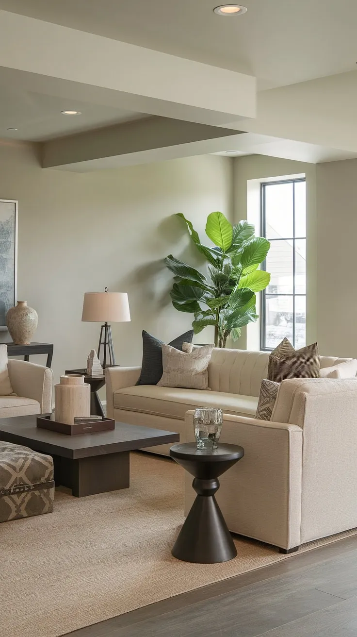 This transitional basement living room is the perfect blend of comfort and style. The neutral color palette, accented by the dark wood furniture, creates a sophisticated yet relaxed atmosphere. A large potted plant adds a touch of nature, while carefully chosen accessories personalize the space. It's a testament to how even a basement can be transformed into a stunning and functional living area.
