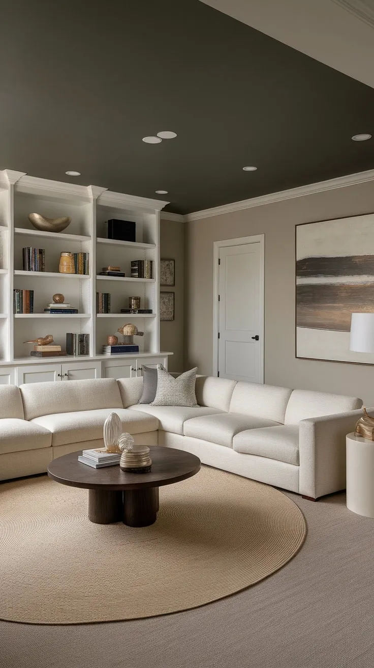 This transitional basement living room seamlessly blends comfort and style. The dark gray ceiling adds a touch of drama, while the beige sectional and large round rug create a warm and inviting atmosphere. A curated bookshelf and abstract artwork complete the sophisticated look, proving that even a basement can be a stunning living space.