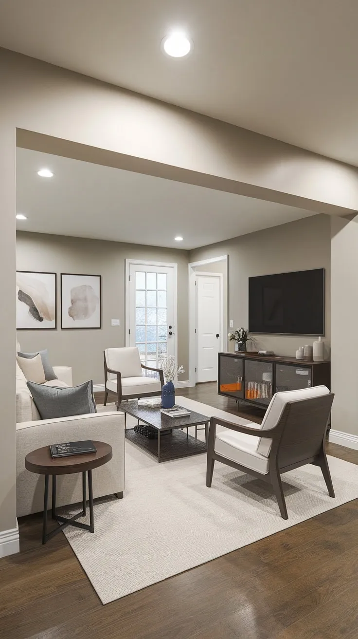 From drab to fab! This basement remodel proves that even a small space can be transformed into a cozy and inviting living area. The neutral color palette and strategic lighting create a relaxing atmosphere, perfect for unwinding after a long day. A convenient exterior door adds to the functionality of this versatile space.