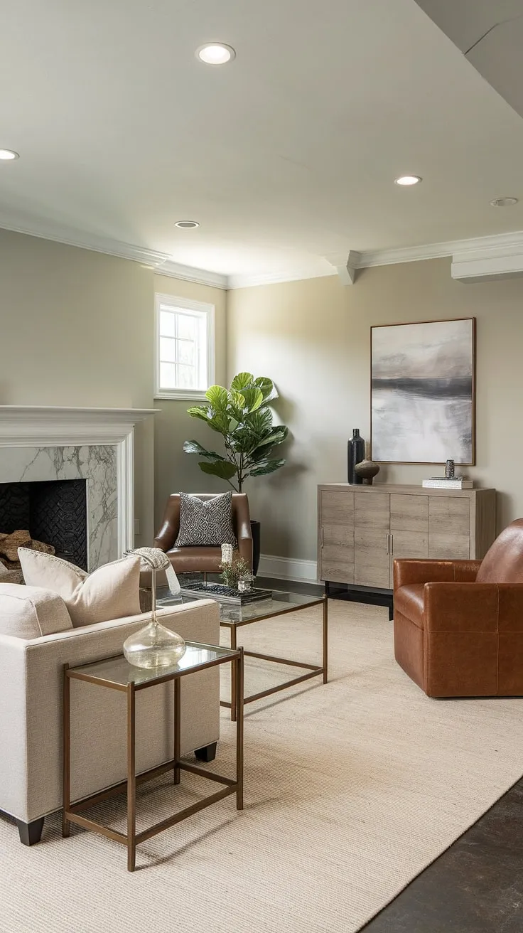 Transforming a basement into a stylish living area? This space proves it's possible. The neutral color palette, featuring beige, grey, and brown, creates a calm and sophisticated ambiance. The carefully chosen furniture, including the comfortable sofa and statement chair, along with the elegant fireplace, elevates this basement into a welcoming and functional living space.