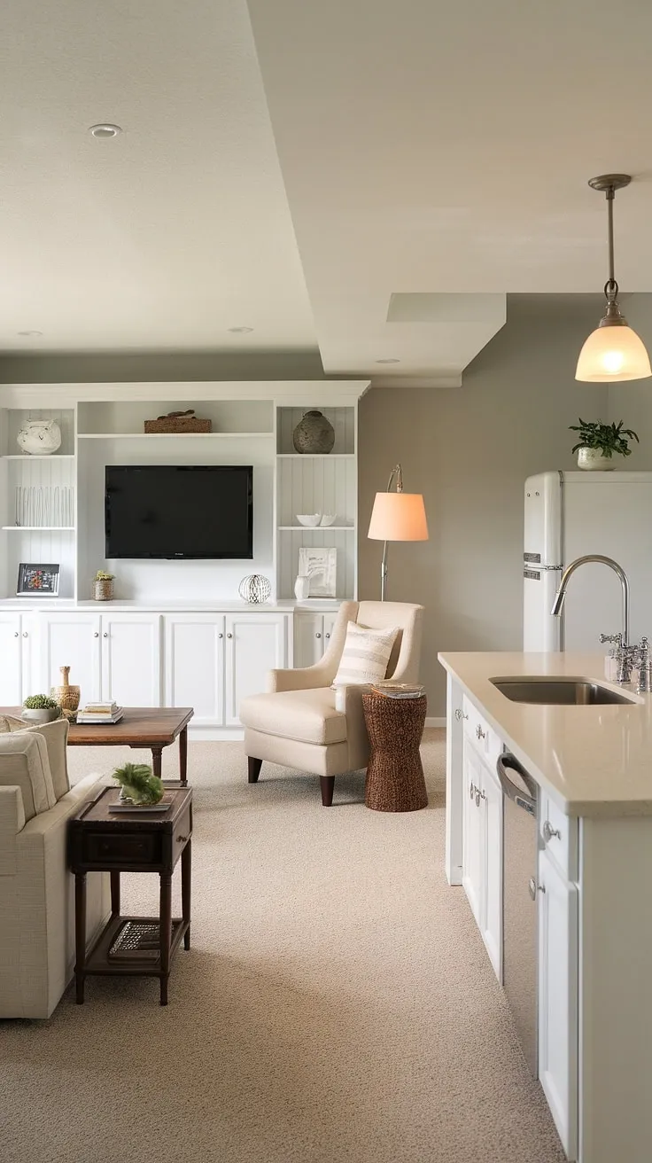Transforming a basement into a stylish living space? This design proves it's possible! The neutral color palette, comfortable seating, and well-integrated kitchen create a cozy and functional area perfect for relaxation and entertaining. A testament to smart space planning and design.
