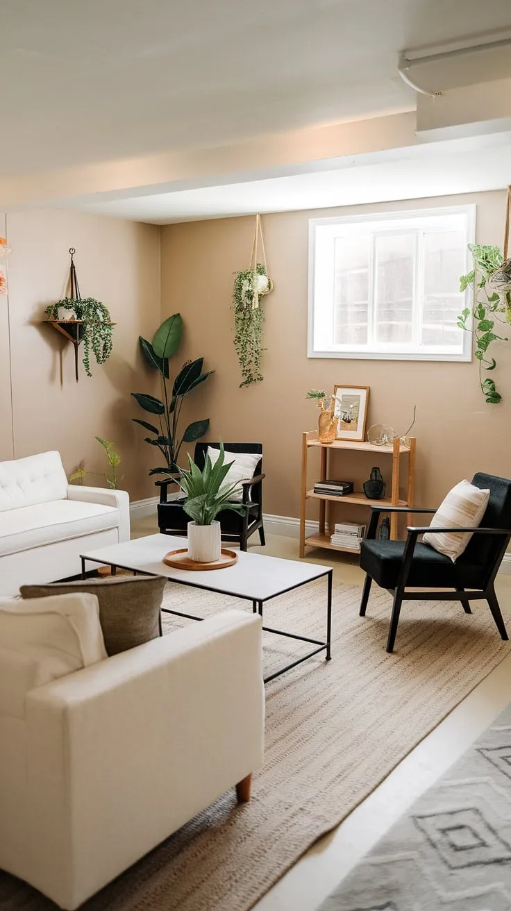 This basement's metamorphosis is nothing short of stunning. A simple yet elegant design, featuring a comfortable seating arrangement and pops of greenery, has completely redefined this space. It's the perfect example of how thoughtful design can turn a forgotten corner into a cherished living area.