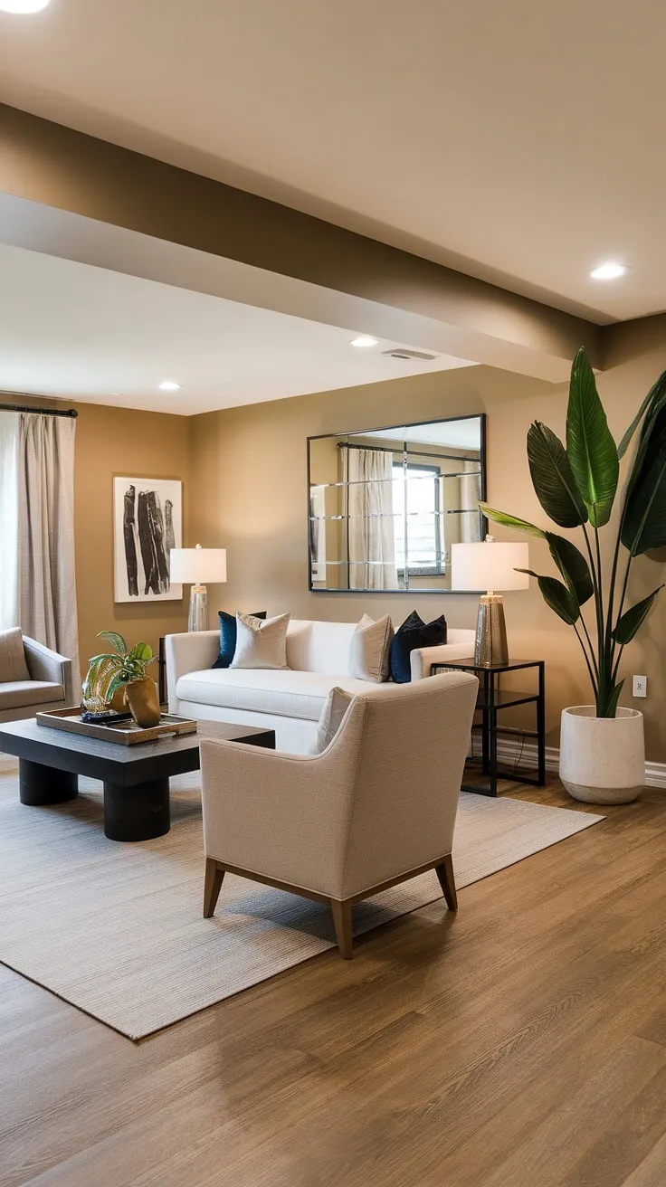 This basement living room proves that cozy and stylish aren't mutually exclusive. The transitional design, with its blend of modern lines and warm textures, creates a space that's both sophisticated and inviting. The large plant adds a touch of nature, while the bright lighting and thoughtful decor complete the picture. A perfect blend of comfort and contemporary chic.