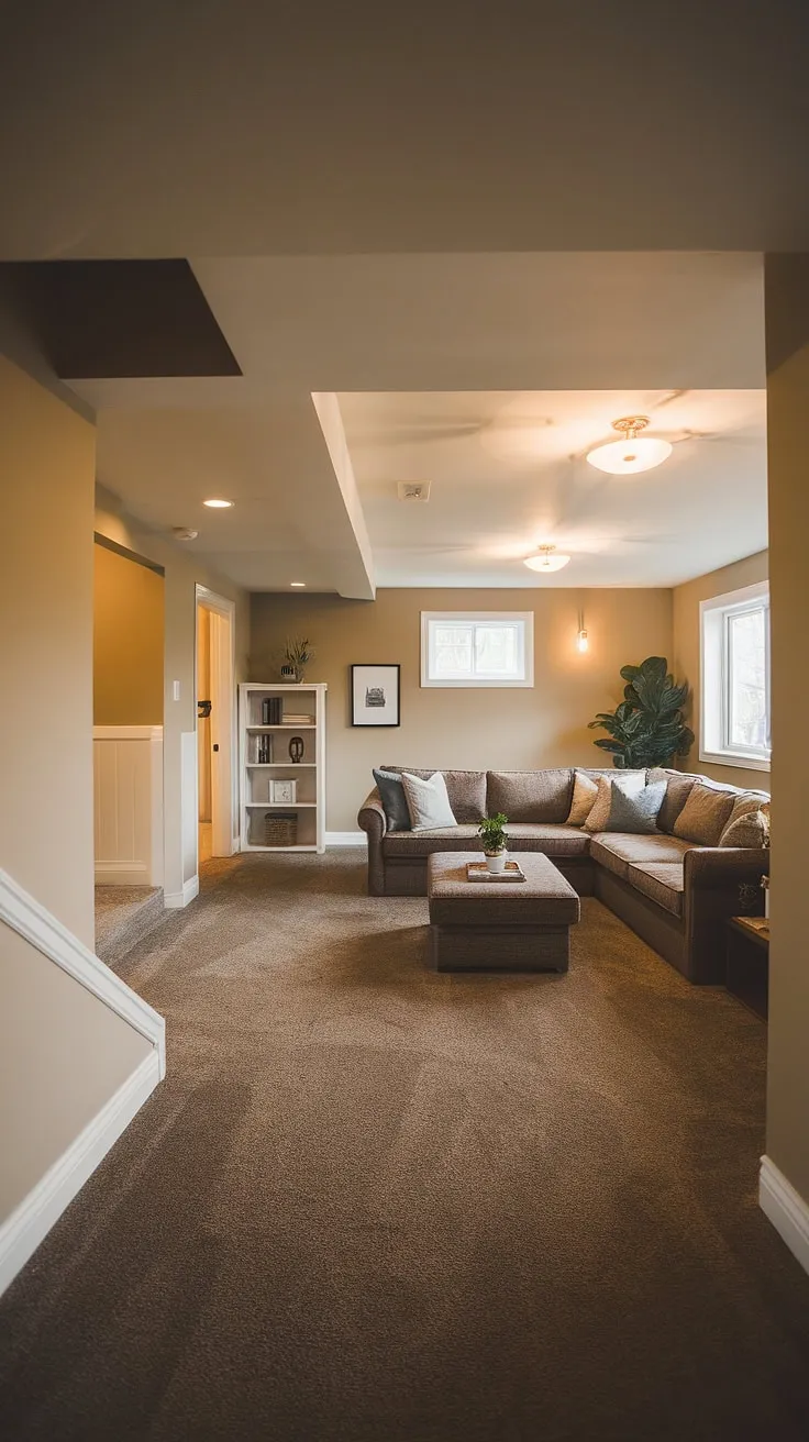 This basement remodel is a stunning example of how to transform a dark, unfinished space into a cozy and inviting living area. The warm lighting, comfortable sectional, and thoughtful touches like the bookshelf and plant create a welcoming atmosphere that feels anything but subterranean. A true testament to maximizing space and creating a functional, stylish living room.