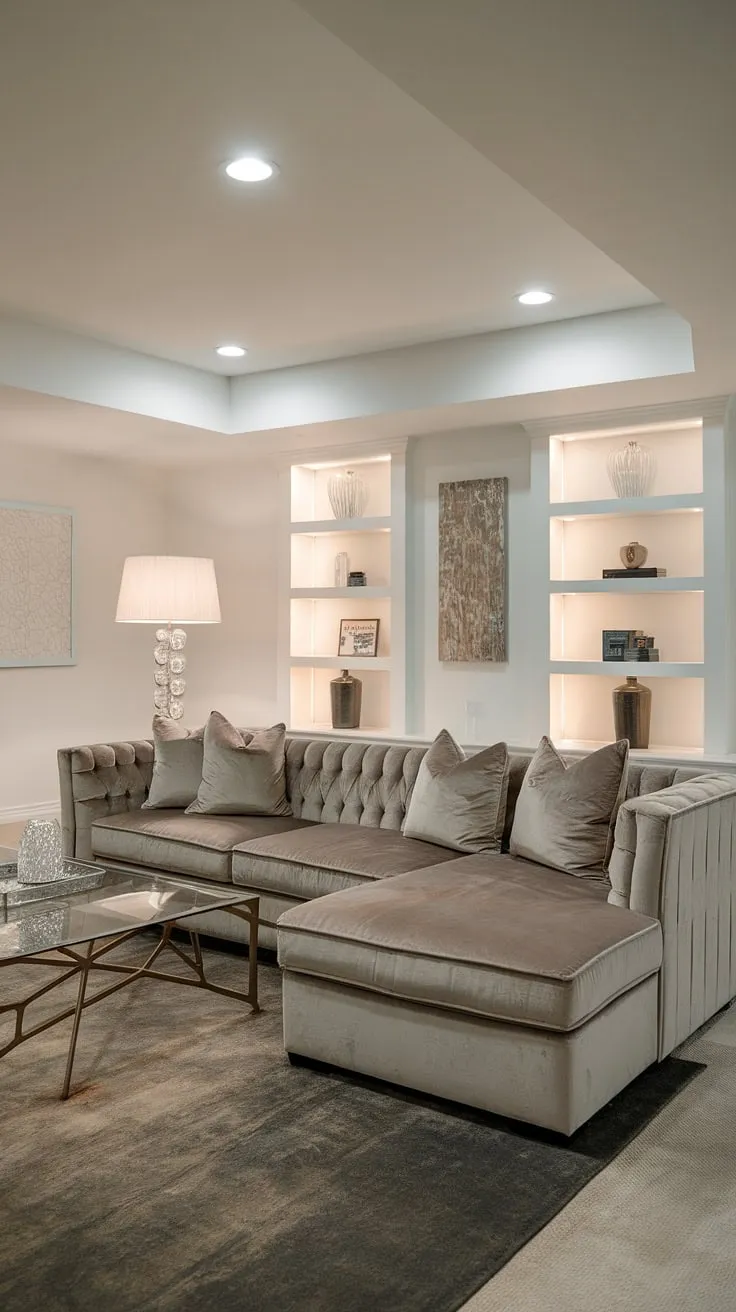 This transitional basement remodel is a dream come true. The sophisticated grey palette, accented by the mid-century modern lamp and glass coffee table, creates a calming and elegant atmosphere. The built-in shelving adds both functionality and visual interest, while the recessed lighting perfectly illuminates the space. A perfect blend of style and comfort.