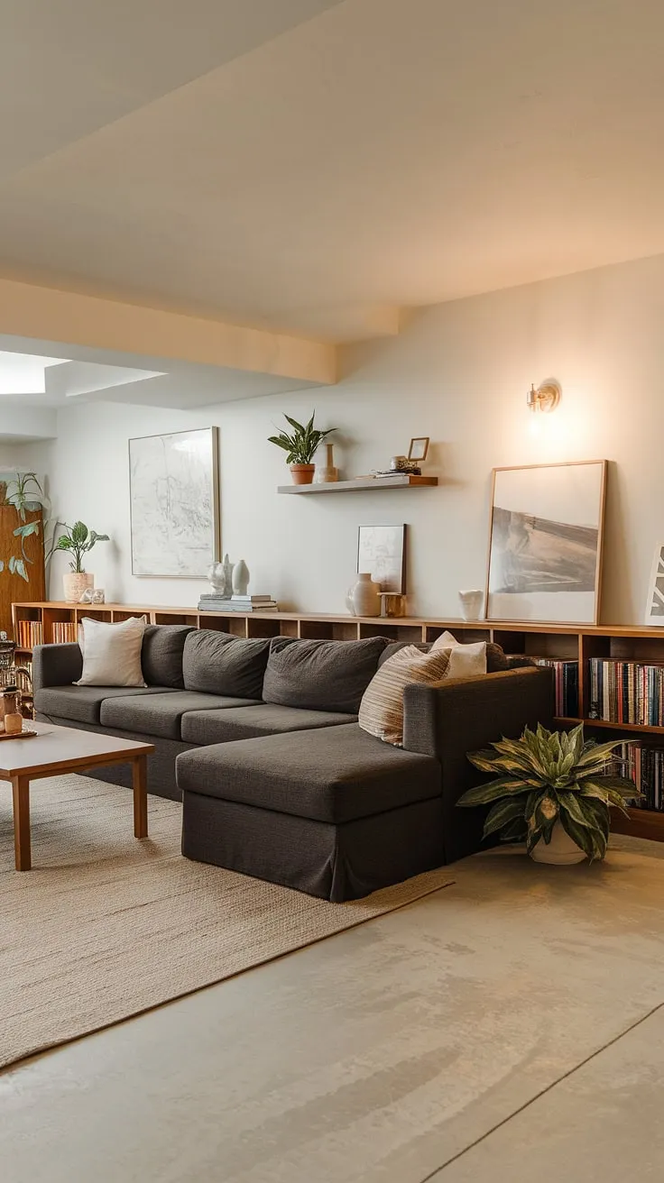 From drab basement to dazzling den. This transitional space effortlessly blends cozy comfort with modern style, proving that even the lowest level can be the most loved. The light grey concrete floors provide a chic backdrop for the plush sectional and warm wood tones, creating a truly inviting atmosphere.
