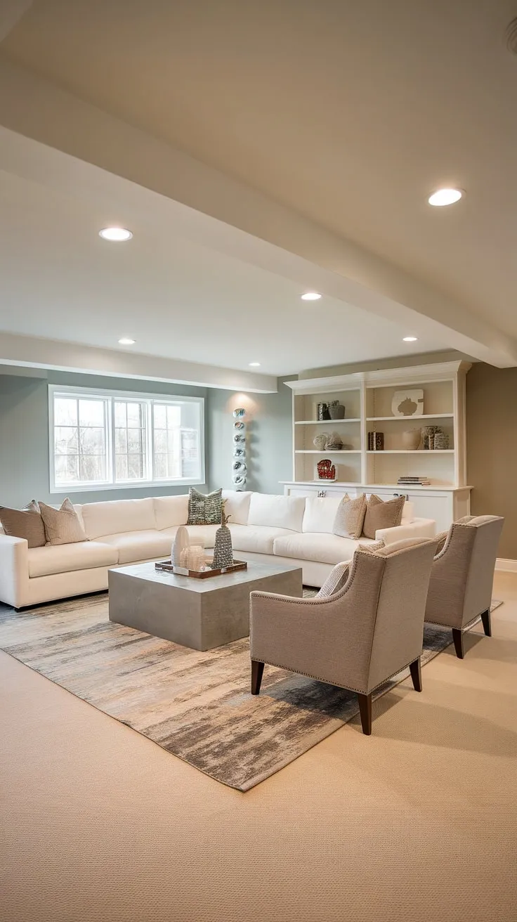 This stunning basement transformation proves that even the most overlooked spaces can be elevated into showstoppers. The crisp white walls, coupled with the grey accents and soft beige carpet, create a sophisticated and inviting atmosphere. The result? A modern living room that's both beautiful and incredibly comfortable.