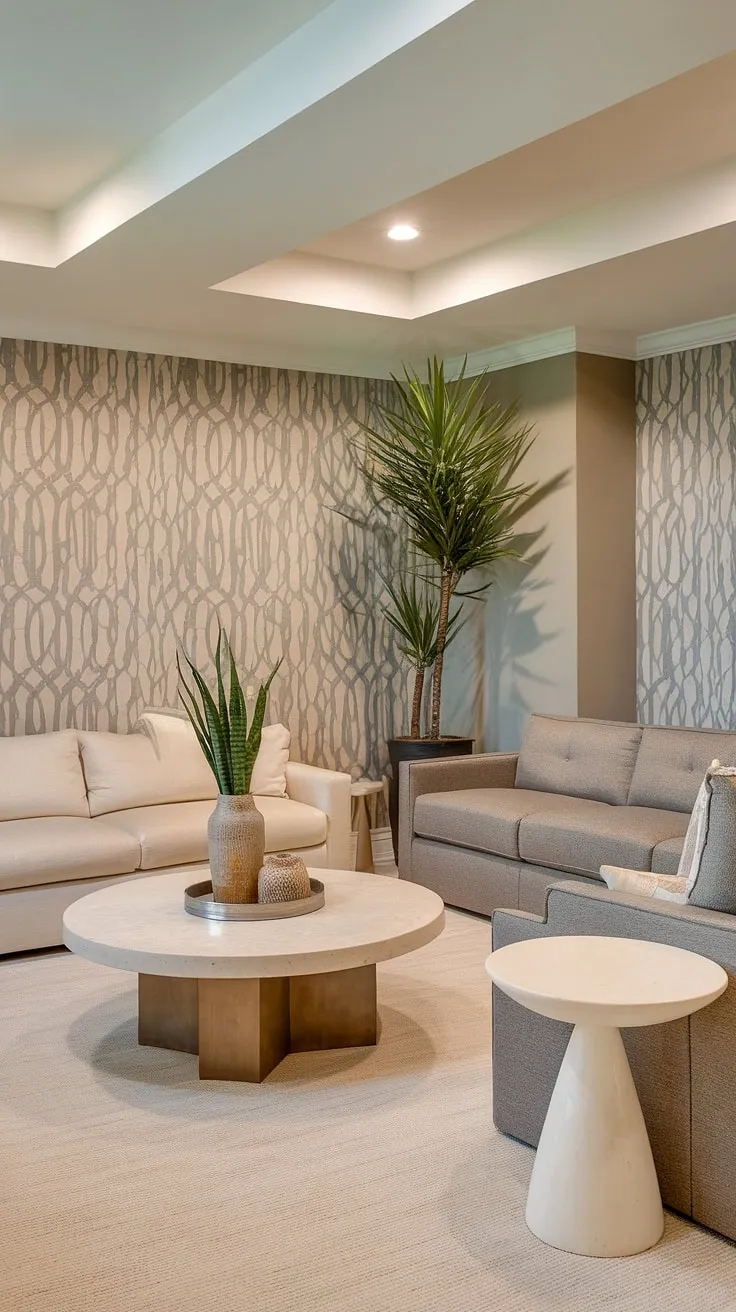 Transforming a basement into a stylish living space? This design proves it's possible. The neutral color palette, complemented by the textural wallpaper and pops of greenery, creates a serene and inviting retreat. A perfect example of how thoughtful design can elevate any space.