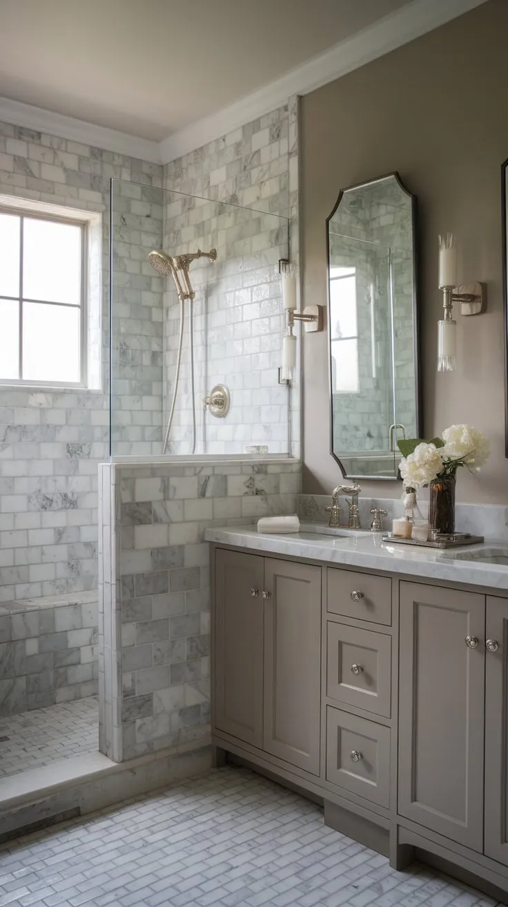 A small master bathroom remodel boasts a stylish transitional design featuring a wet room shower, double vanity, and moody marble tiles in a vintage neutral palette.
