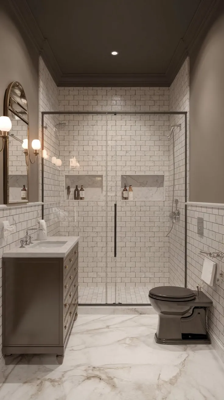 A moody marble-clad transitional bathroom blends vintage neutrals with a modern wet room for a softly lit, elegant escape