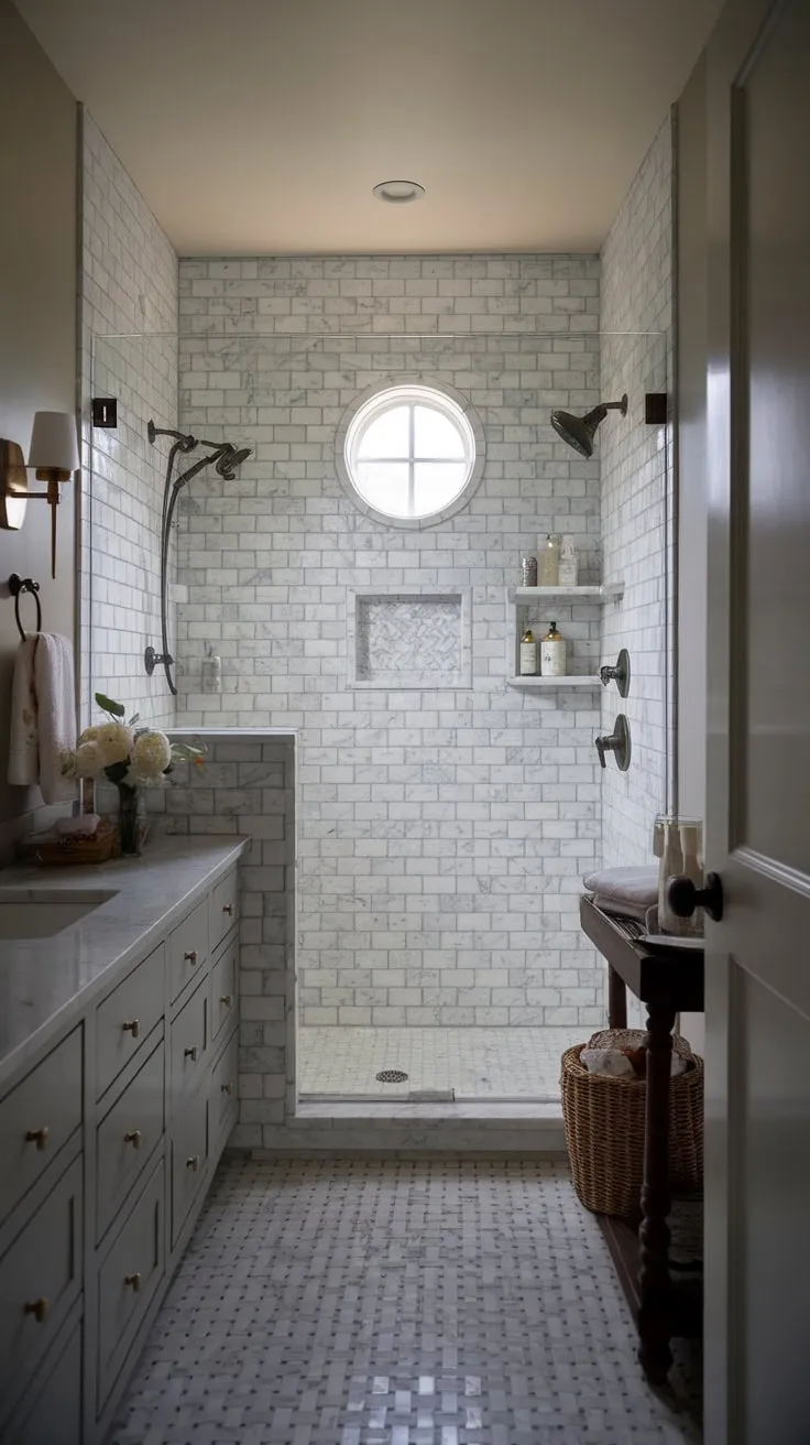 A moody marble wet room anchors this small master bathroom's sophisticated transitional design
