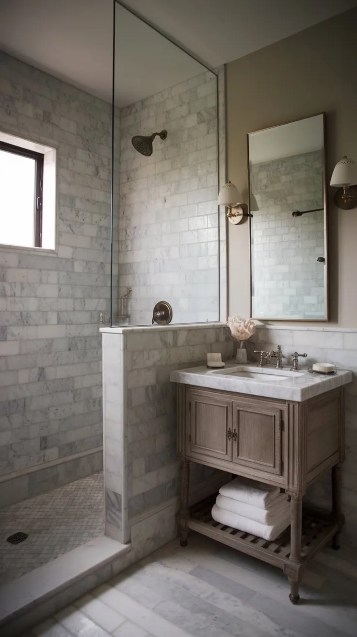 Moody marble and vintage details create a sophisticated transitional wet room bathroom design
