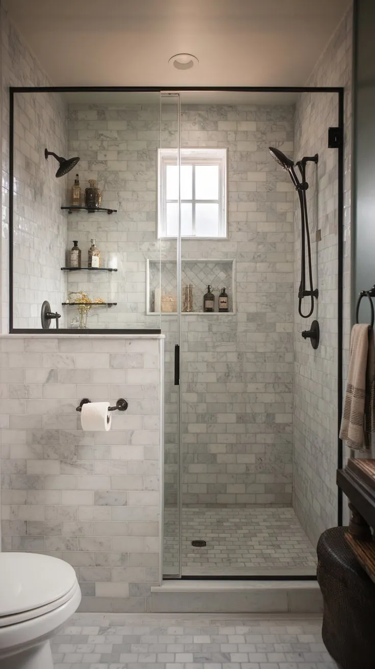 This transitional small master bathroom features a marble-tiled shower and a vintage neutral palette, creating a sophisticated yet calming space.
