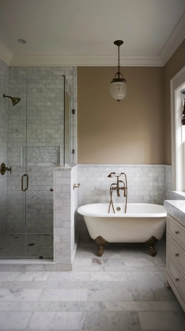 A moody marble-clad transitional bathroom blends vintage neutrals with a freestanding tub and brass fixtures in a stylish wet room design