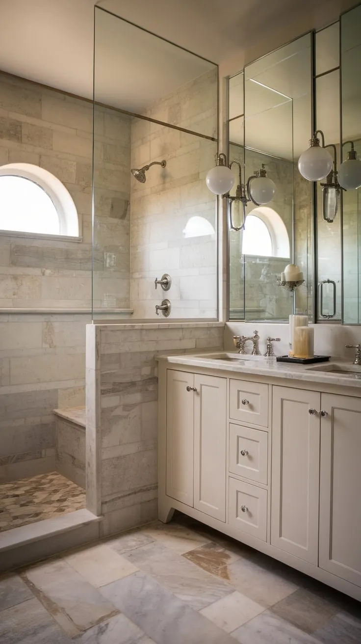 Soft lighting illuminates a beige and white marble haven with a double vanity, showcasing a refined blend of traditional and modern design.