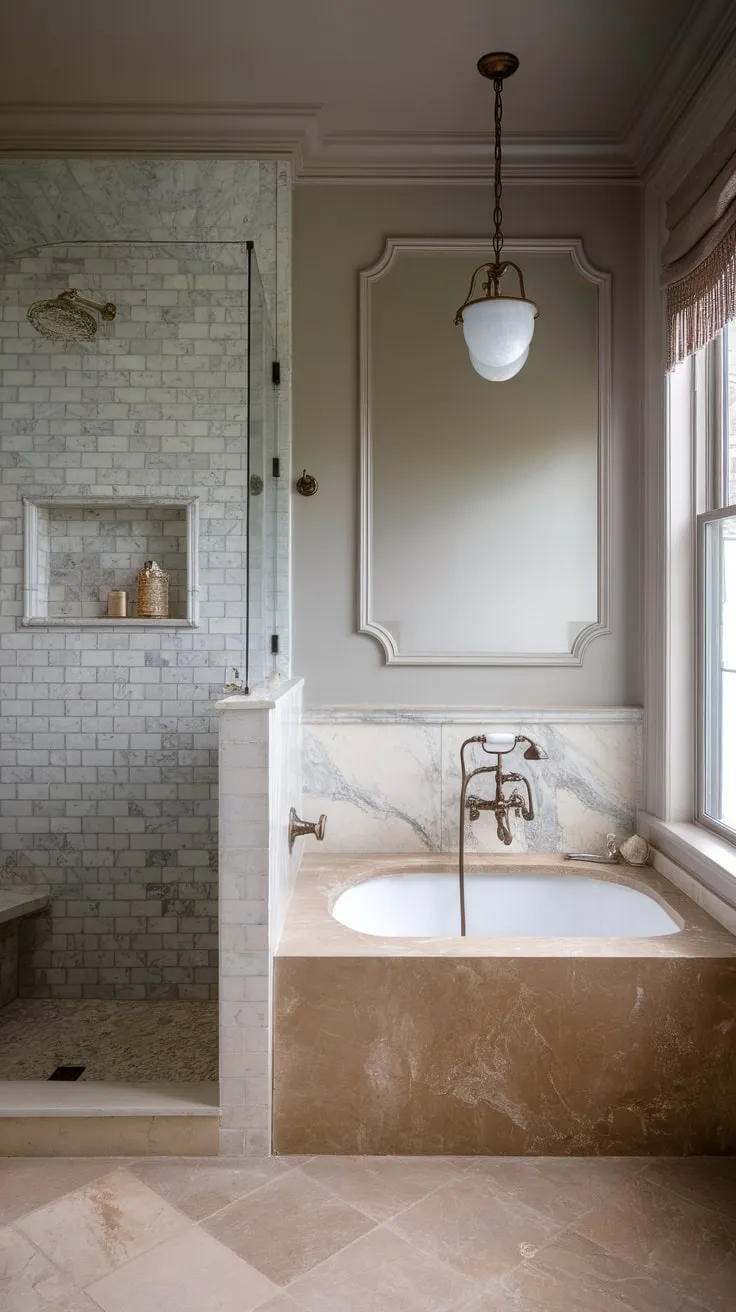 A moody marble wet room boasts vintage charm with a neutral palette and traditional elements, creating a sophisticated transitional bathroom.