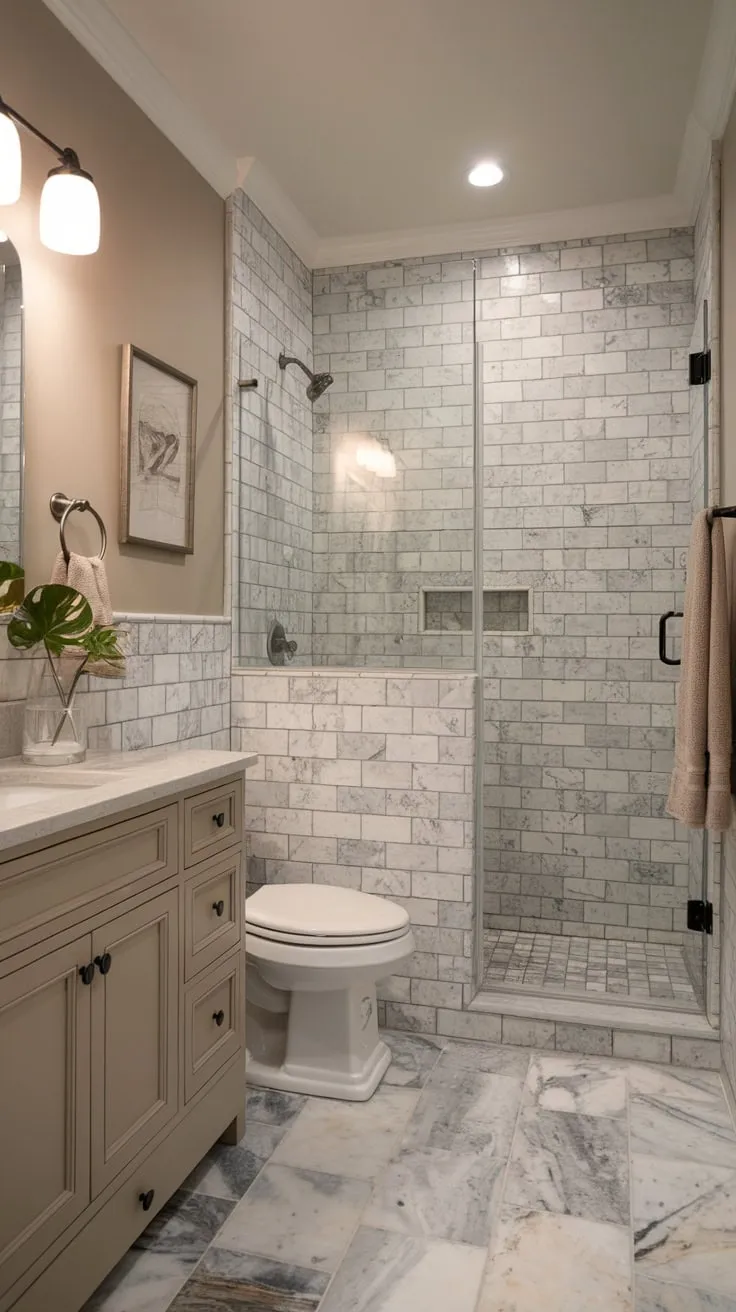 A vintage-inspired beige bathroom is elevated by a moody marble wet room and glass shower enclosure.