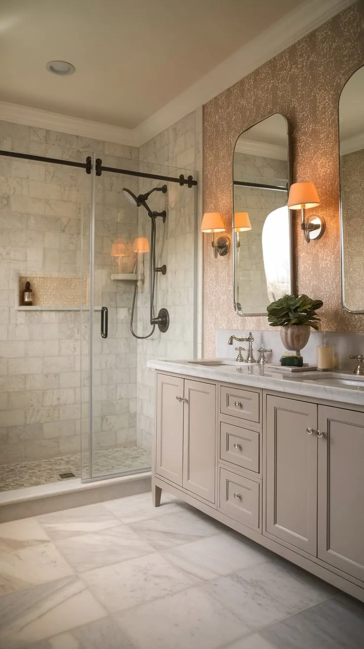 Warm lighting illuminates a vintage-inspired transitional bathroom, featuring a marble wet room and a double vanity, creating a serene and stylish space