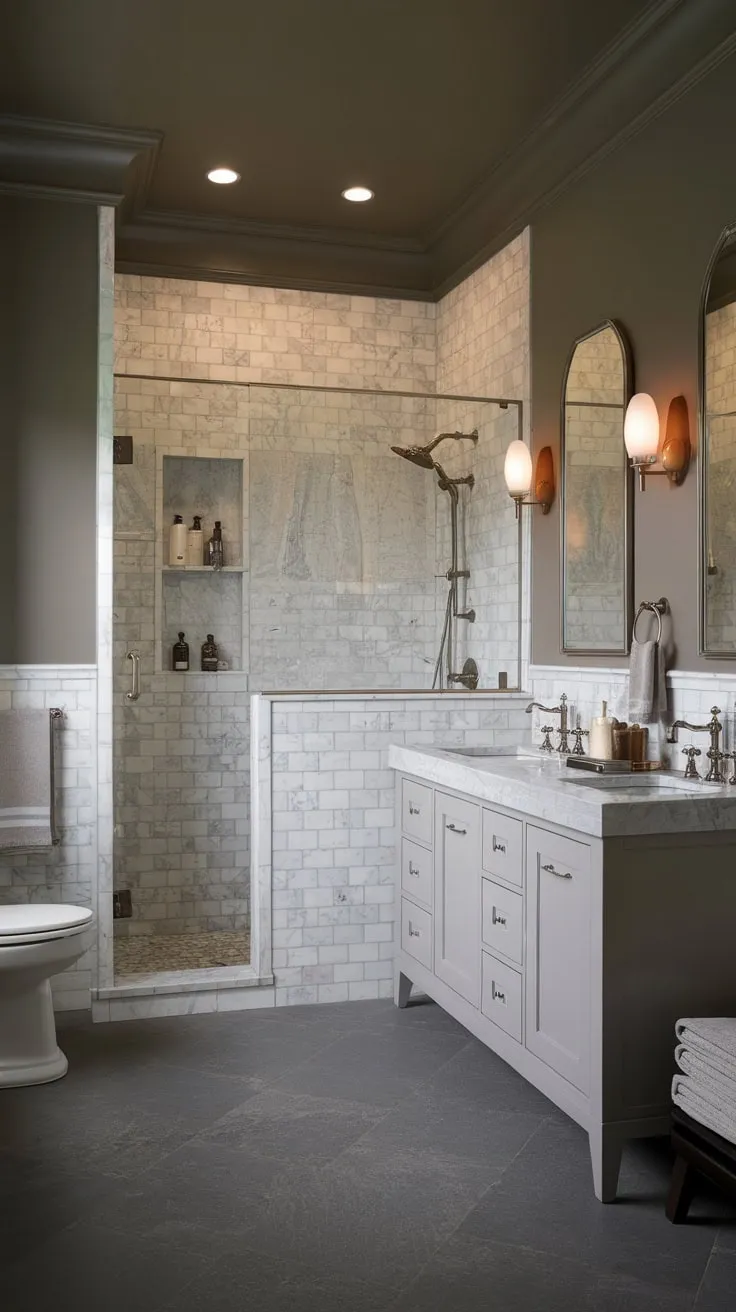 Dark grey floors and beige walls complement a white double vanity in this stylish transitional bathroom featuring a marble shower enclosure.