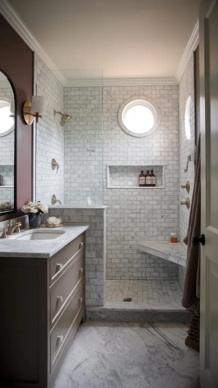 This transitional bathroom remodel elegantly combines classic and contemporary design with rich marble finishes, creating a serene oasis for relaxation.