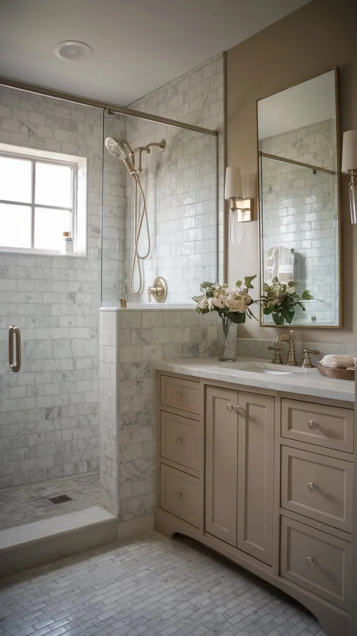This master bathroom remodel harmoniously fuses old-world charm with modern luxury, featuring a moody marble finish and a stunning wet room shower that exudes sophistication and serenity.