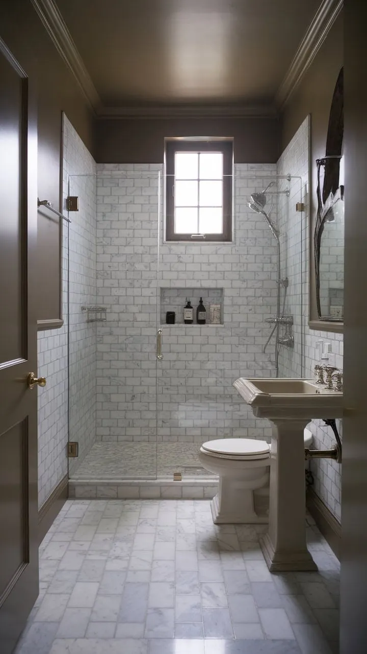 Experience tranquil elegance in this transitional bathroom, where moody marble and vintage neutrals harmonize in a serene sanctuary illuminated by soft natural light.
