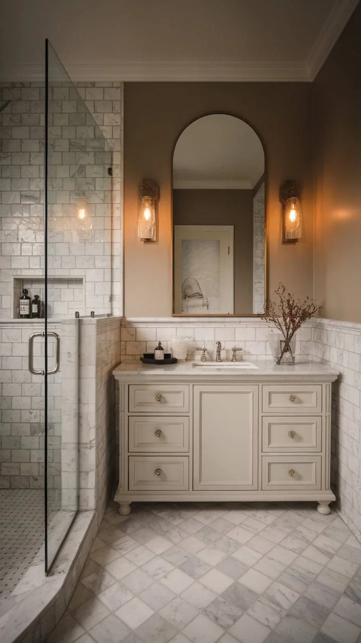 Experience a tranquil retreat in this transitional bathroom, where moody marble and vintage charm harmonize under warm lighting and a soothing neutral palette.
