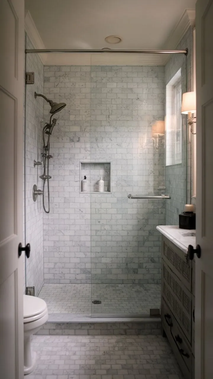 This transitional bathroom blends moody marble with vintage charm, creating a luxurious sanctuary for ultimate relaxation.