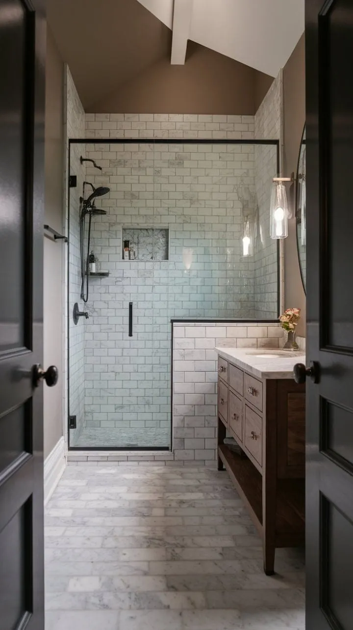 This master bathroom remodel showcases a stunning fusion of moody marble and vintage neutrals, creating a luxurious retreat that beautifully balances classic and contemporary design.