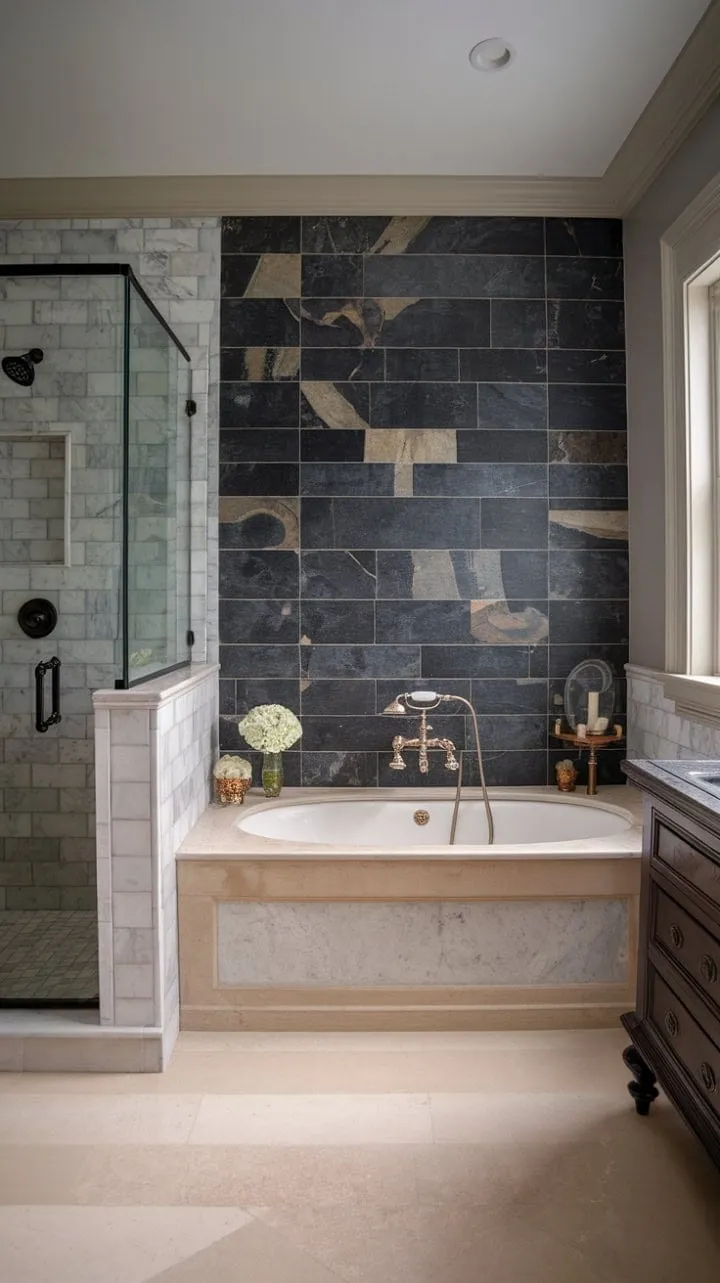 This master bathroom is a serene sanctuary where vintage charm meets modern luxury, featuring dark grey marble and beige flooring for a tranquil escape.