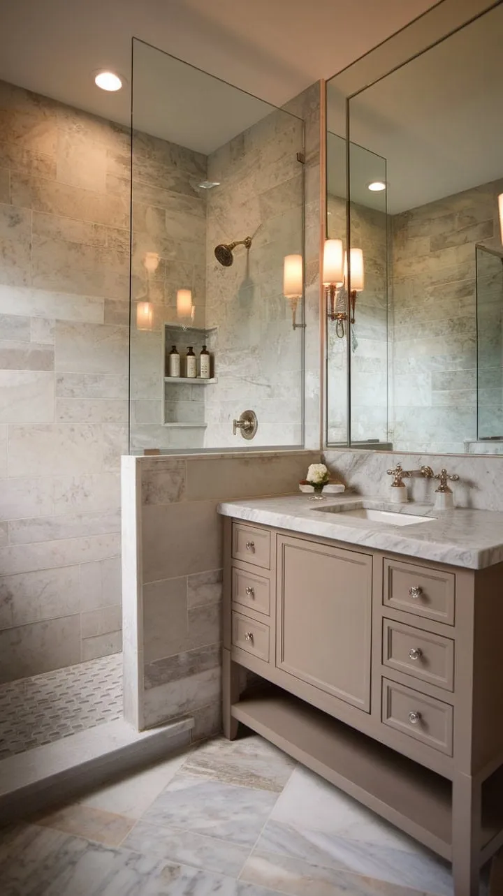This moody marble bathroom blends timeless sophistication with understated luxury, featuring captivating veining and traditional elements that create a serene sanctuary.