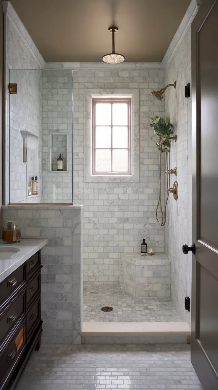 A moody marble master bathroom blends vintage neutral tones and traditional design elements for a sophisticated transitional style