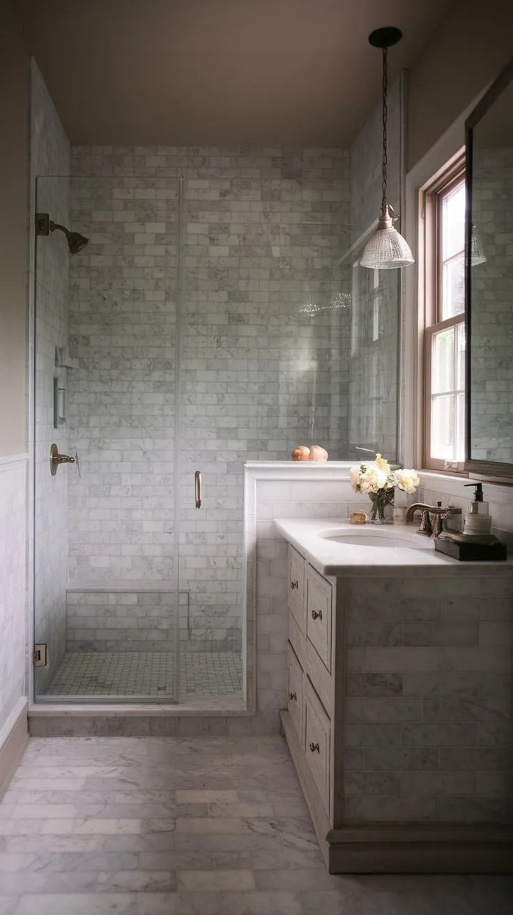 A small, softly lit master bathroom features a traditional wet room design enhanced by a moody marble finish and vintage color palette.