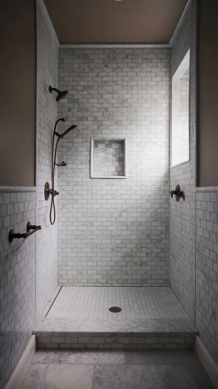 A moody marble master bathroom remodel blends vintage charm with a modern wet room design in a soft, transitional style