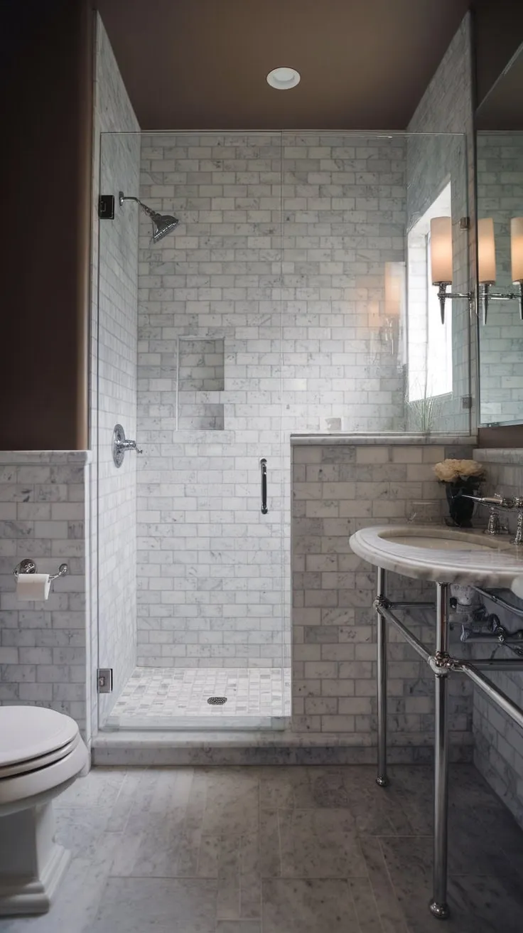 A moody marble master bathroom blends vintage charm with modern wet-room functionality in a softly lit transitional space