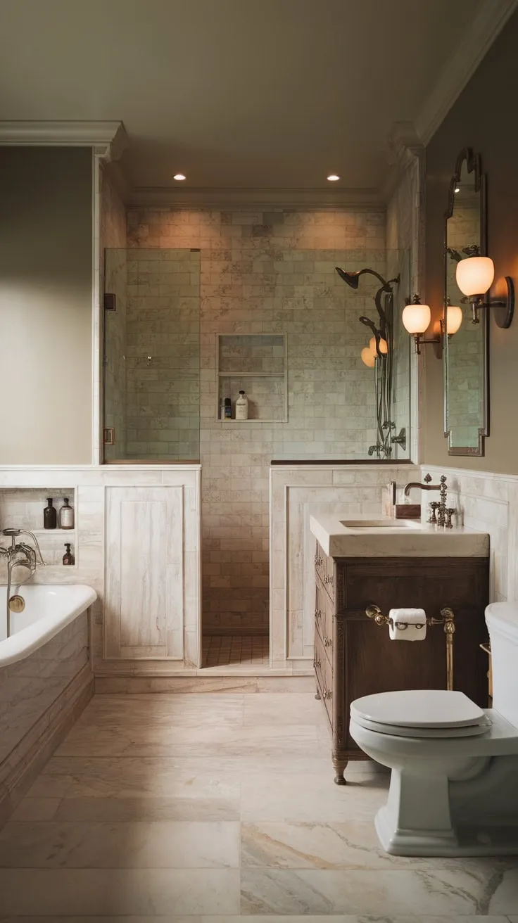 Warm lighting enhances the luxurious feel of this transitional bathroom's marble and neutral tones.