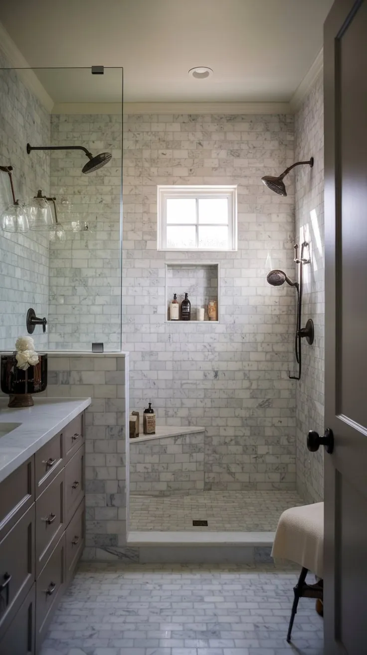 This small master bathroom remodel showcases a transitional design with a vintage neutral palette and a traditional wet room featuring moody marble tile.