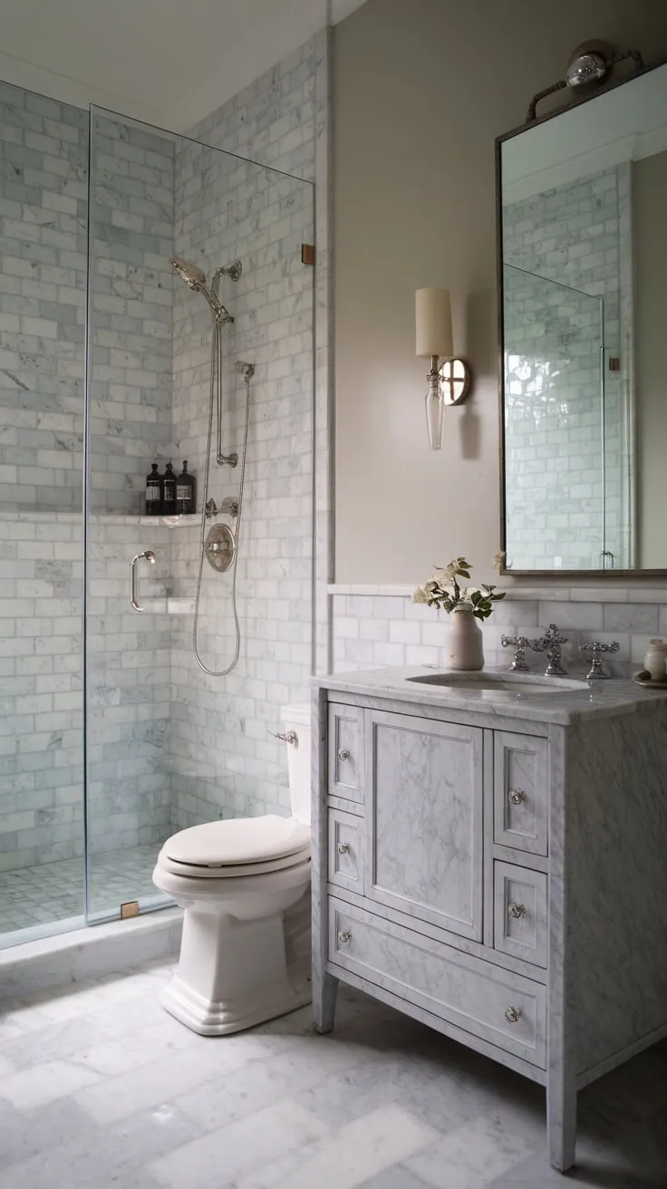 Grey and white marble tiles, a marble-topped vanity, and chrome fixtures define this small, yet luxurious master bathroom remodel.