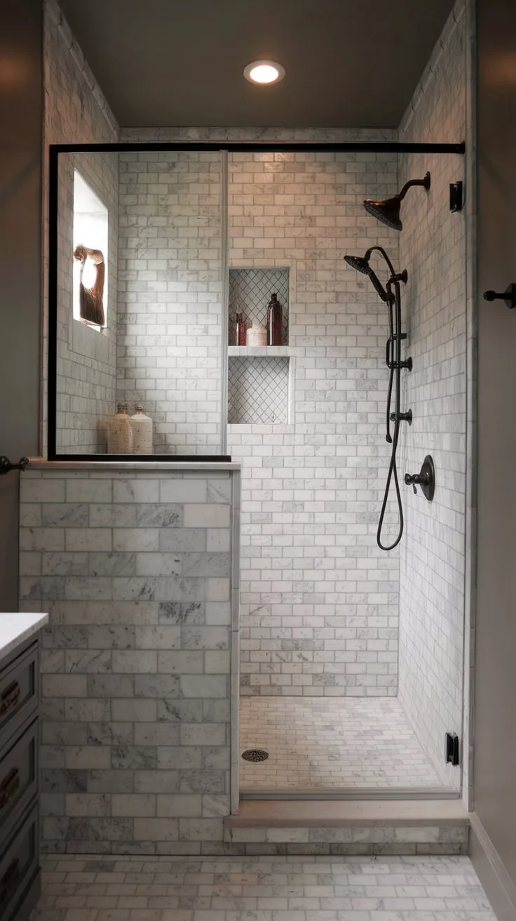This small transitional bathroom boasts a vintage neutral palette and a marble shower, creating a sophisticated, moody atmosphere.