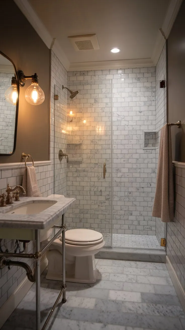 Moody marble and vintage charm blend in this transitional wet room bathroom, creating a warm and inviting space.