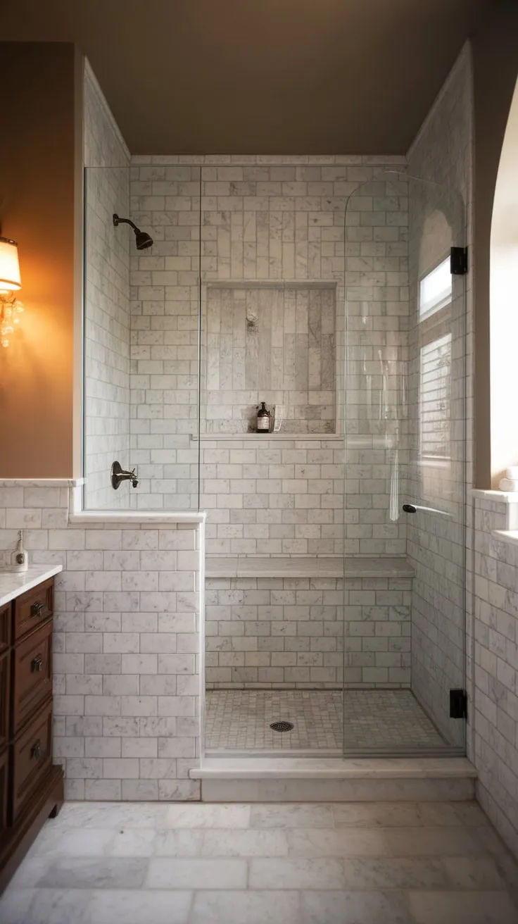 A traditional wet room design meets modern style in this transitional bathroom, showcasing beige and gray marble tiles and a vintage aesthetic.