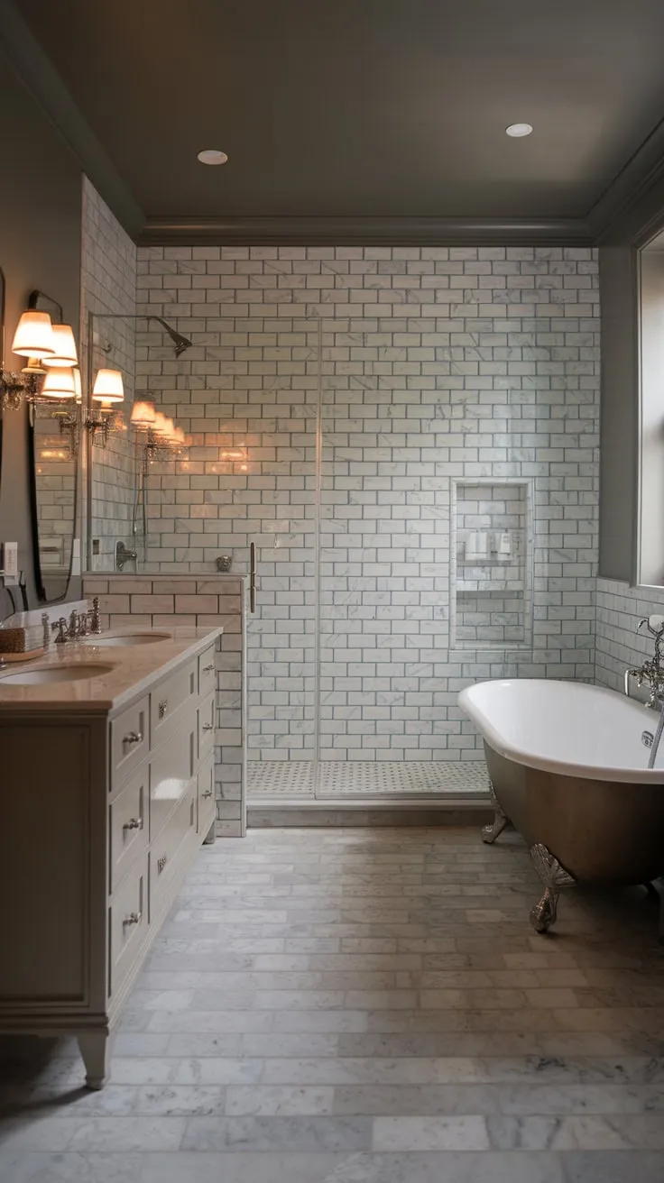 A moody marble wet room boasts a vintage neutral palette, blending traditional style with modern fixtures in a luxurious transitional bathroom design
