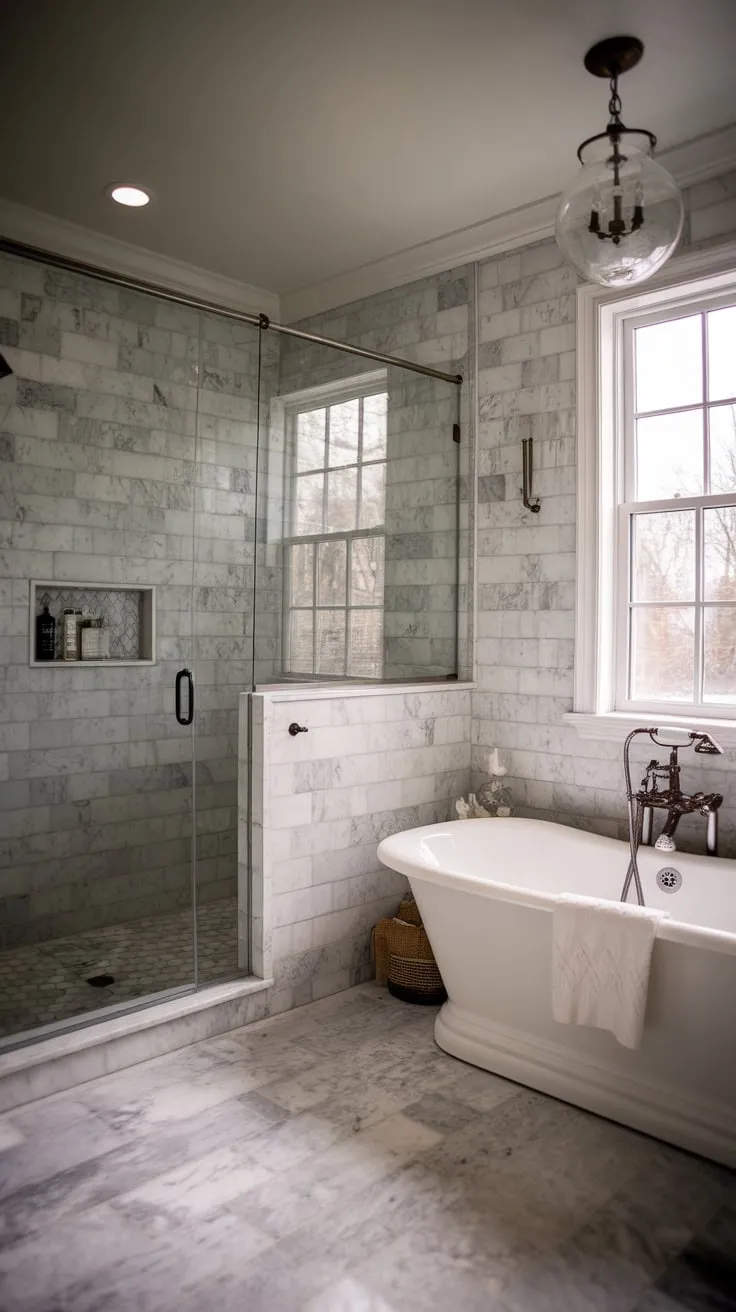 Traditional design meets contemporary style in this transitional bathroom, featuring a freestanding tub and a marble-clad wet room.