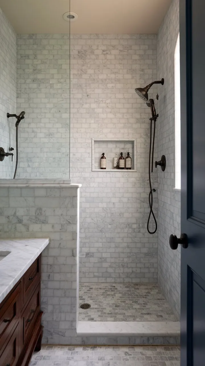 Experience the tranquil elegance of this master bathroom, where moody marble meets vintage neutrals in a harmonious blend of traditional charm and modern sophistication.