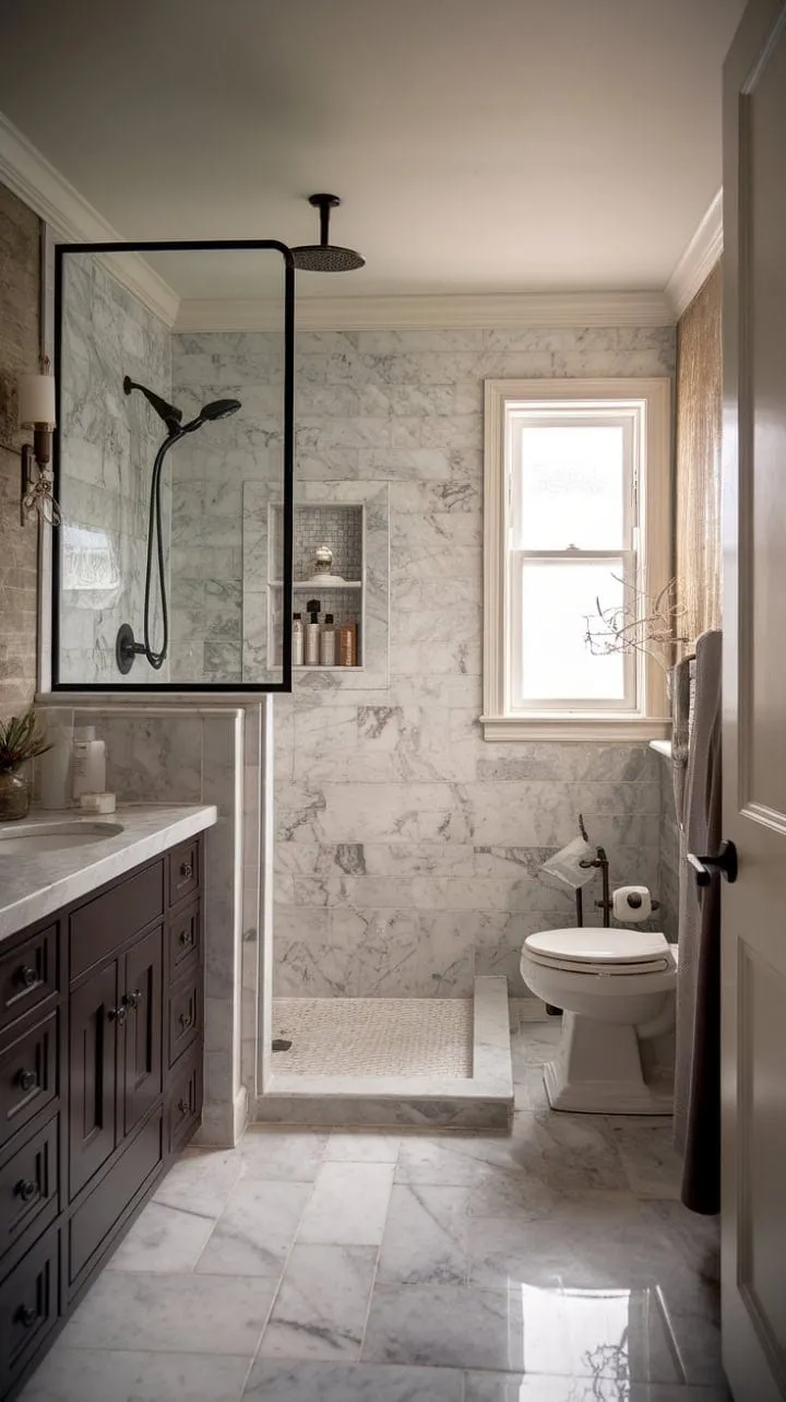 Experience a tranquil retreat in this master bathroom remodel, where vintage charm meets modern elegance in a moody marble oasis of understated luxury.