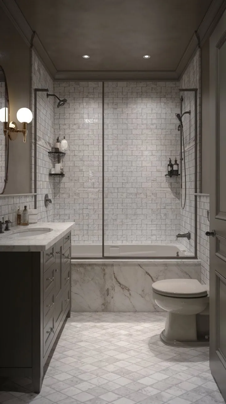 Experience a tranquil sanctuary where vintage charm and modern luxury harmoniously unite in a moody marble bathroom.